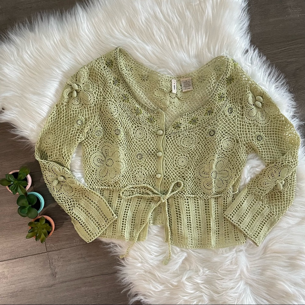 Anthropologie Moth Green Crochet Floral Cardigan